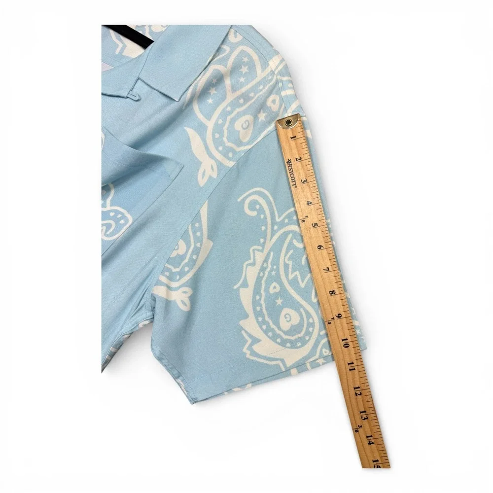 GOLF WANG Paisley Button Up Shirt Men L Light Blue Camp Loop Collar Short Sleeve